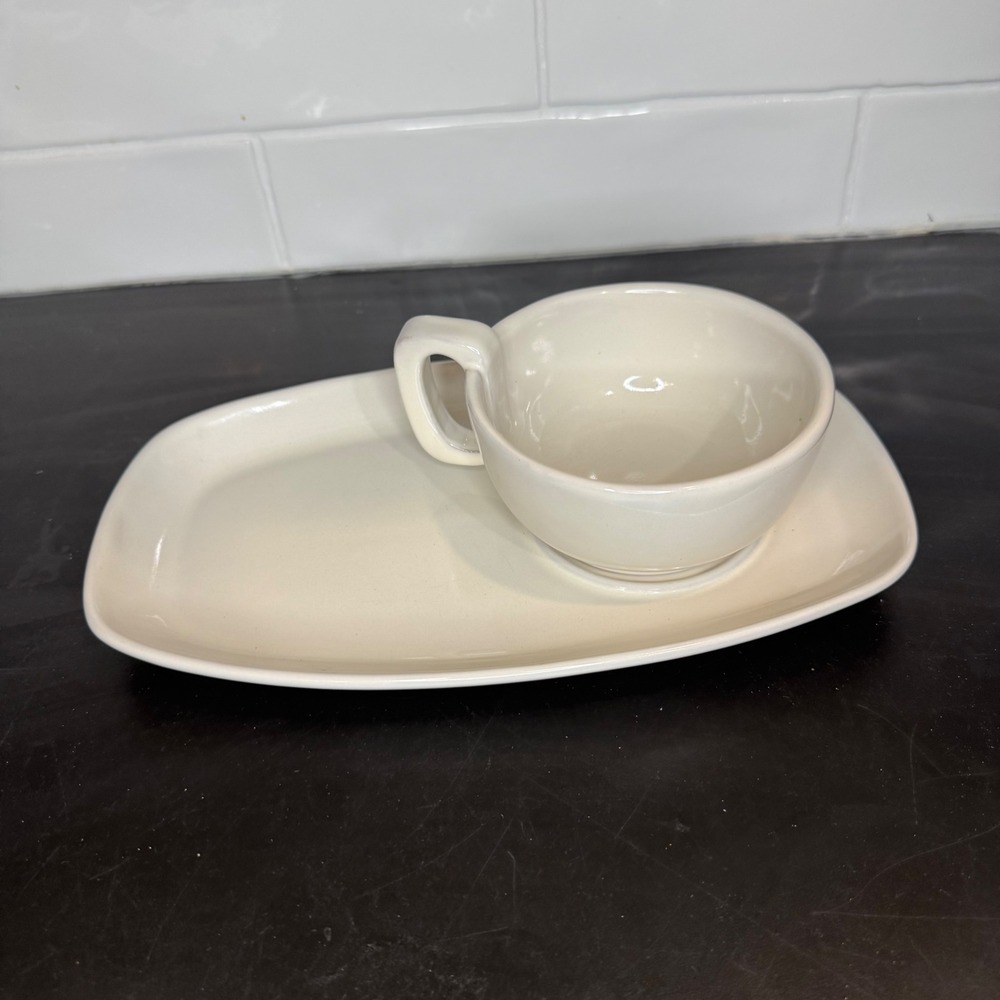 Frankoma Snack Set Cup and Plate Cream White 45C Vintage Mid Century Modern USA